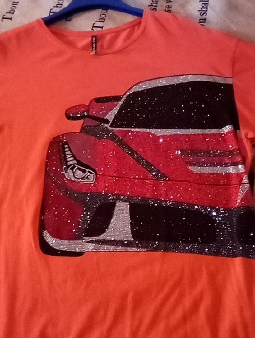 Men's Orange Short Sleeve Tee with Red Car Graphic